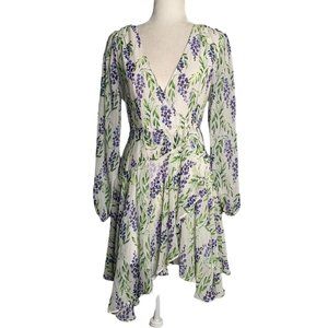 Here Comes the Sun Faux Wrap Mini Dress S White V Neck Lined Sheer Sleeves Zip